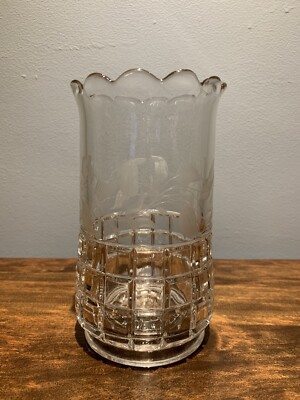 EAPG: Riverside Block Glass BLOCK Leaf Etch Celery Vase
