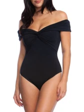 New Trina Turk Solid Black Twist Off The Shoulder Twist Neckline 1 PC Swim Sz 4