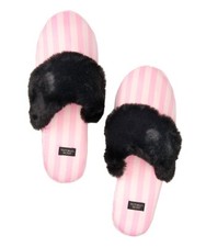 Victoria's Secret PINK SIGNATURE STRIPE Satin Slippers Faux Fir Trim LARGE 9 10