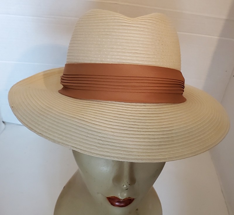Off White Woven Straw Brimmed Hat Light Brown Scarf Band ItaLY