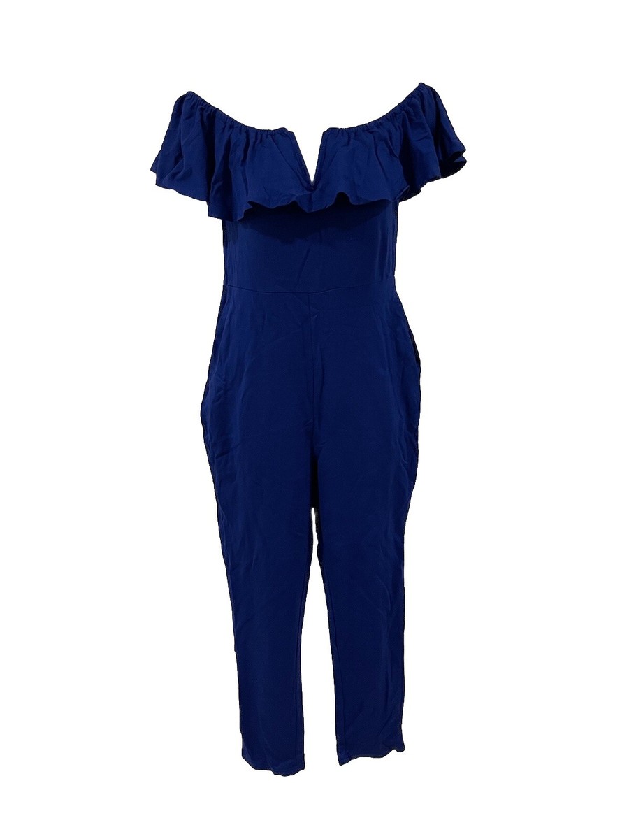 Zeyubird M Blue Off Shoulder Romper Short Sleeve Vneck Capri Ankle