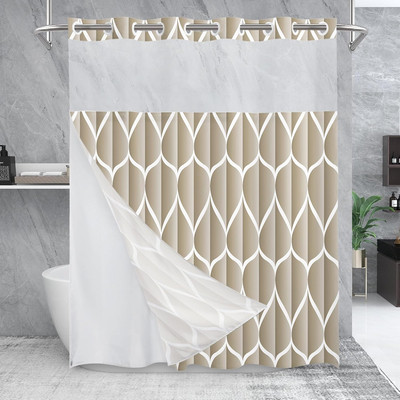 No Hook Cream Shower Curtain with Snap in Fabric Liner Set - Hotel Style with Se