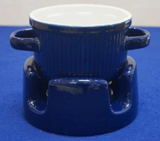 Roshco 38 Oz Cobalt Blue Stoneware Fondue Set W/6 Forks & Candle New Without Box