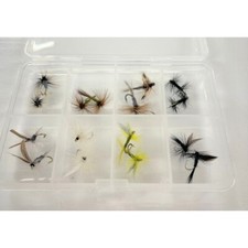 16 Barbless Popular Summer dry trout flies, mixed in compartment box