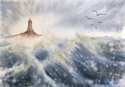 BERDS LIGHTHOUSE WAVES Original Art Painting SEA Landscape SKY Seascape Gift A5