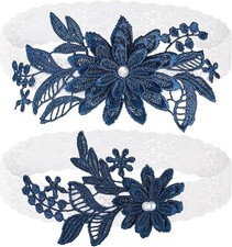 2 Pieces Wedding Garters for Bride, Navy Blue White, 2pc