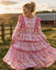 Simply Southern Skyler Dress Pink Floral Patchwork Tiered Ruffle Maxi MEDIUM