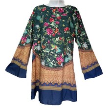 farm rio Size L tropical floral elegant parakeet long sleeve tunic sheer blouse