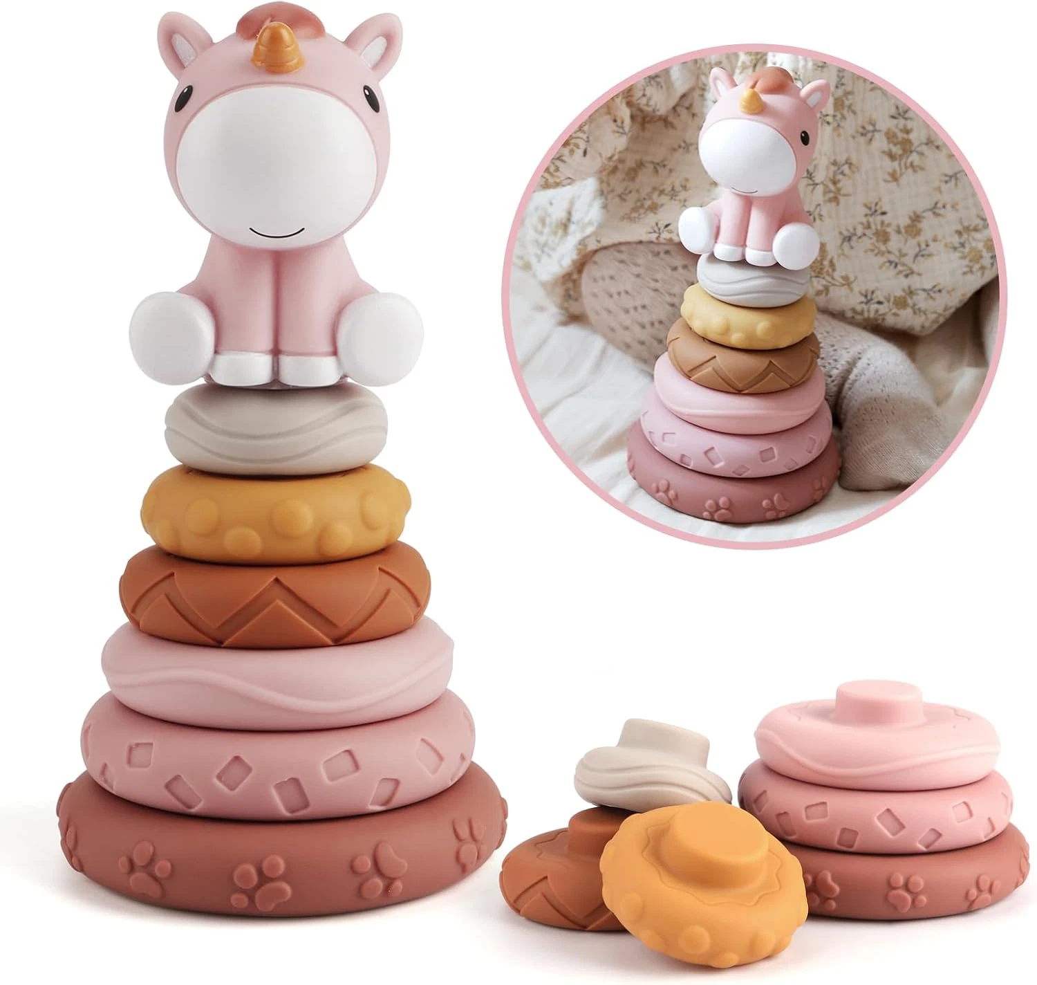 7 Pcs Stacking & Nesting Baby Toys, Squeeze Teething Toys and Building Circle wi