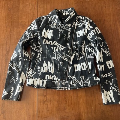 DKNY Grafitti Skyline Moto Black White Jacket Womens Medium Vintage 90s
