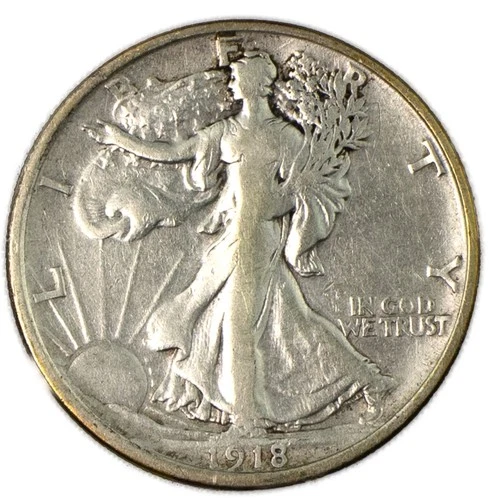 1918-D Walking Liberty Silver Half Dollar Very Fine VF+ Cleaned Detail