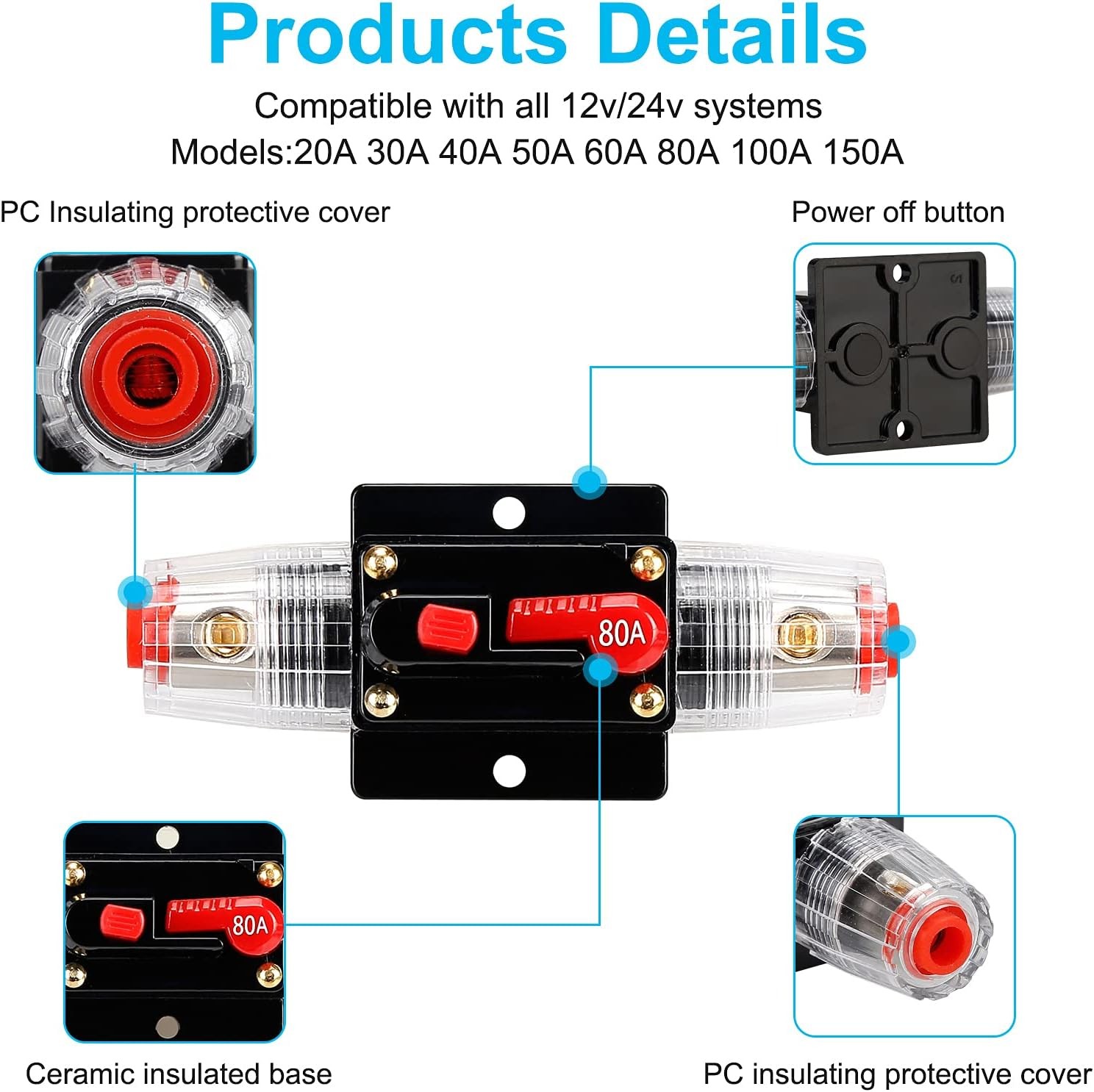 80 Amp 12V-24V DC Fuse Holder,Audio Circuit Breaker,Auto Car Stereo Inline Fuse 