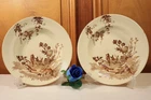 2 Antique French Brown Transferware Ironstone Plate Bowl Birds-Ships DDP to USA
