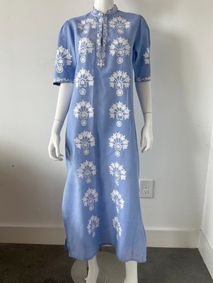 Asha by Ashley McCormick Short Sleeve Linen Embroidered Midi Dress Blue Medium