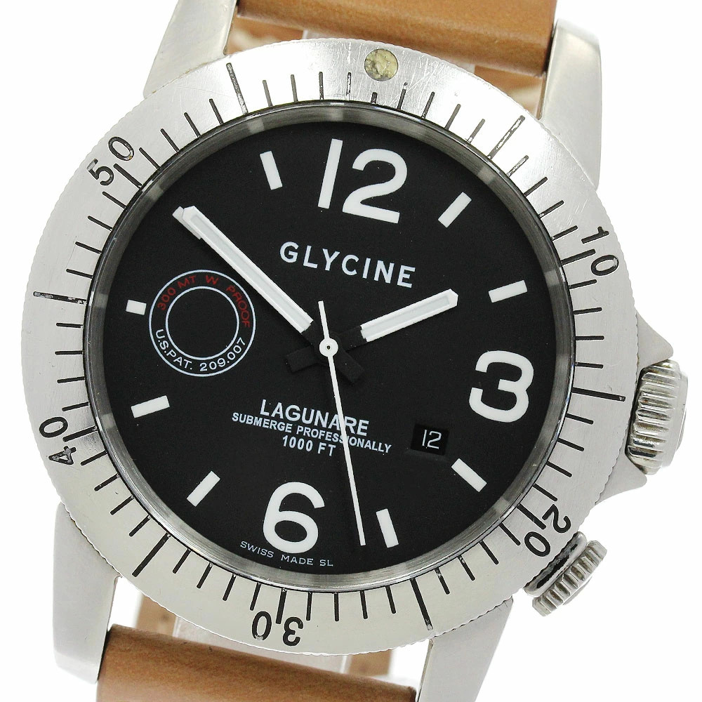 Glycine Lagunare 3819 Date Automatic SS Leather Black Men's Wristwatches
