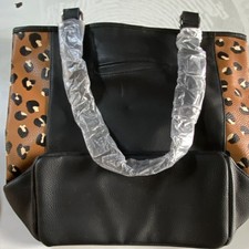 Thirty-One Jewell Black Brown Tote Bag Animal Print Pebbled with Shoulder Strap