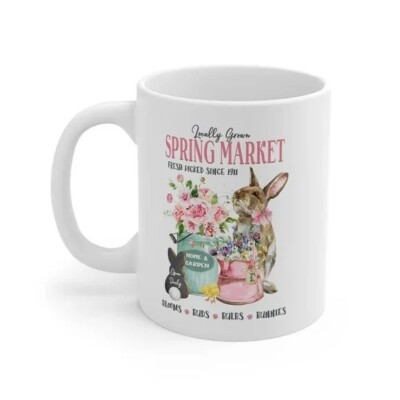 Spring Market Bunny Coffee Mug Farmhouse Easter Floral Gift Cup Decor