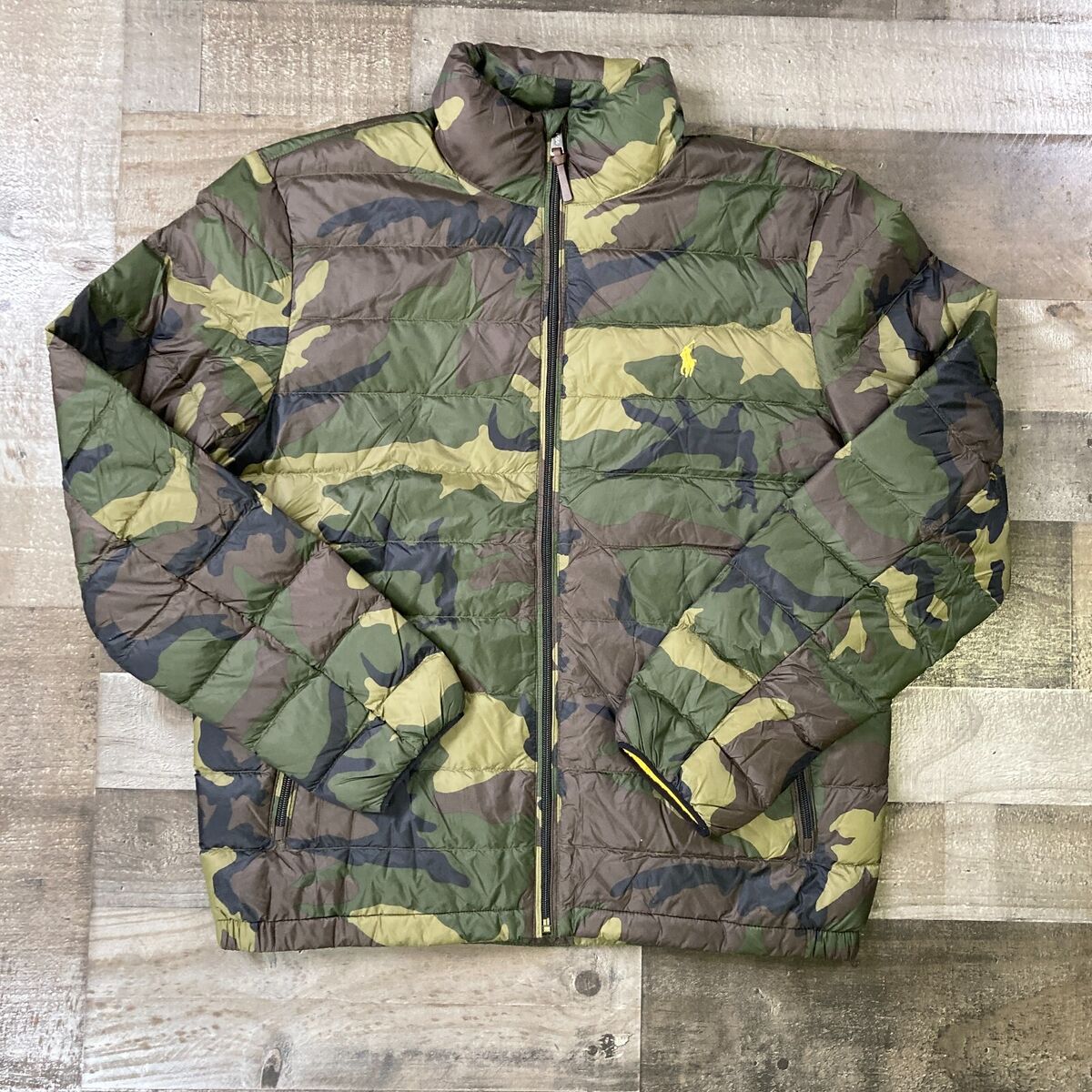 Polo Ralph Lauren Camo Packable Down Jacket Coat w/ Yellow Polo Ralph Lauren Camo Packable Down Jacket Coat w/ Yellow