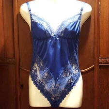 DOLORES For POIRETTE ILGWU Vintage Blue Lace Satin Romper Teddy Lingerie Size 36