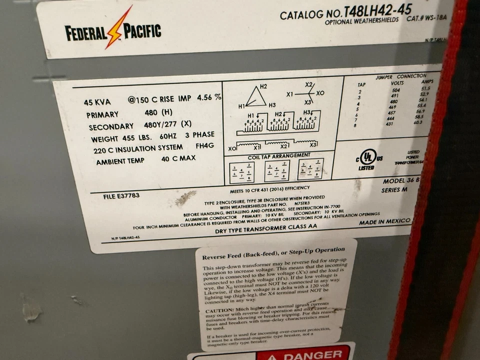 Transformador tipo seco Federal Pacific T48LH42-45 45 kVa 480V a 480Y/277V #HP-107 Foto 3 de 3