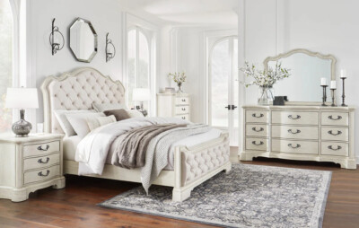 NEW 5PC Queen King Upholstered Bedroom Set Antique White Modern Rustic B/D/M/N/C
