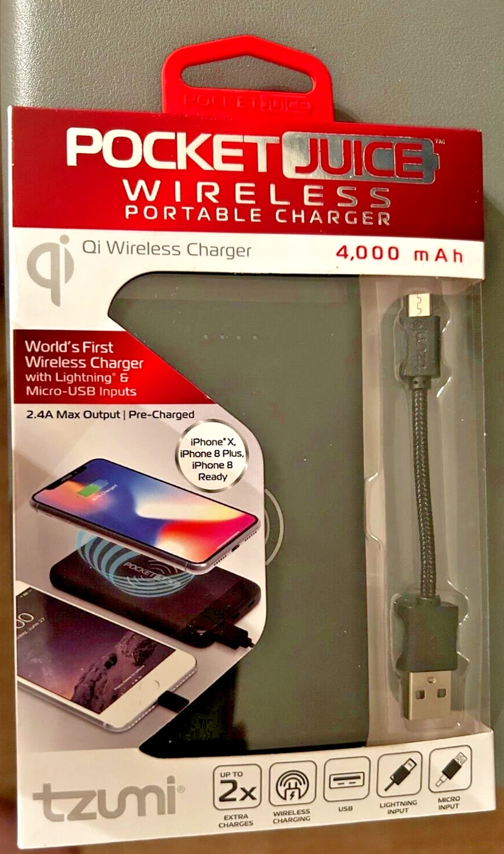 TZUMI Pocket Juice Wireless Portable Charger 4000mAh Qi Lightning Micro USB