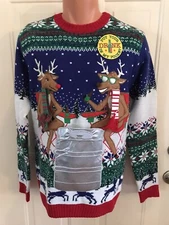 UGLY CHRISTMAS SWEATER, Men’s Sz SM, Reindeers w/Drink Pocket. (MSRP $60).  NEW.