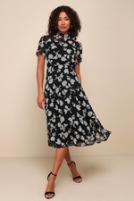 Lulus Floral Dressed Up Black Floral Print Midi Dress Sz M