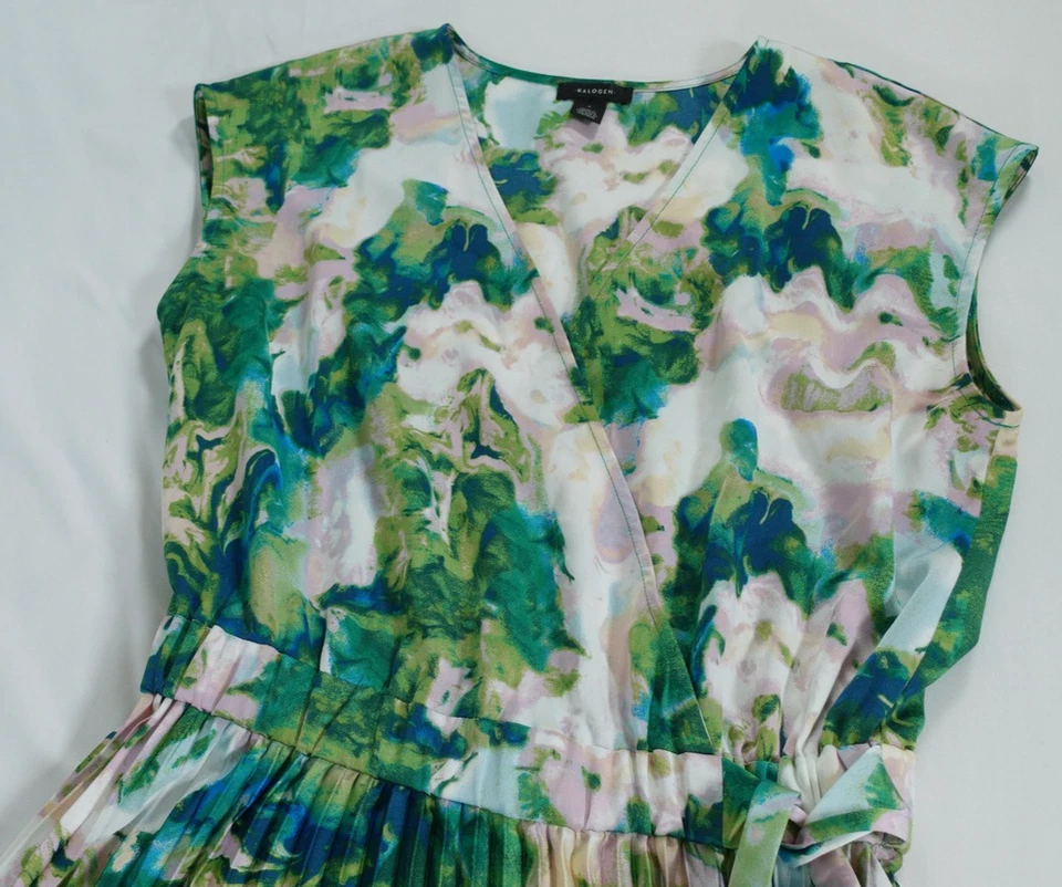 卤素连衣裙女式小号打褶裹身腰带 Midi 花卉夏季轻便 — 第 3/4 张图片