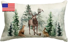 Christmas Trees Reindeer Throw Pillow Cover, 12 X 20 Inch Xmas Winter Holiday An