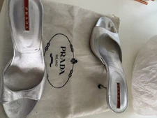 prada silver mule heels