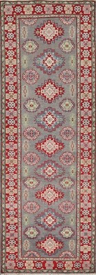 Super Kazak Oriental Runner Rug 3x10 Gray Wool Handmade Geometric Carpet