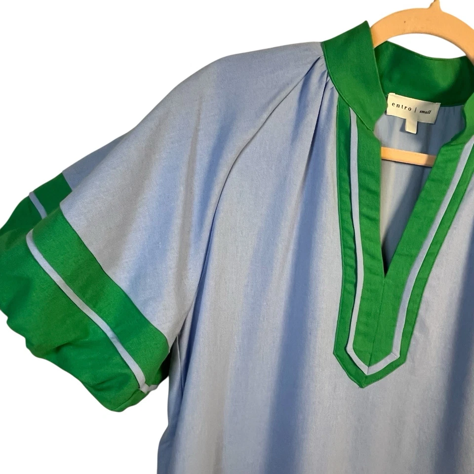 Mini Vestido Para Mujer Entro Azul Verde Bloques de Color Mezcla de Lino Mangas Linterna Talla S Foto 3 de 4