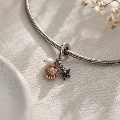Pandora Freshwater Pearl Starfish & Rose Gold Seashell Triple Dangle Charm
