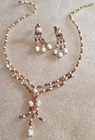 Antique Vintage Pink Rhinestone White Milk Glass Cabs Necklace Earrings Set