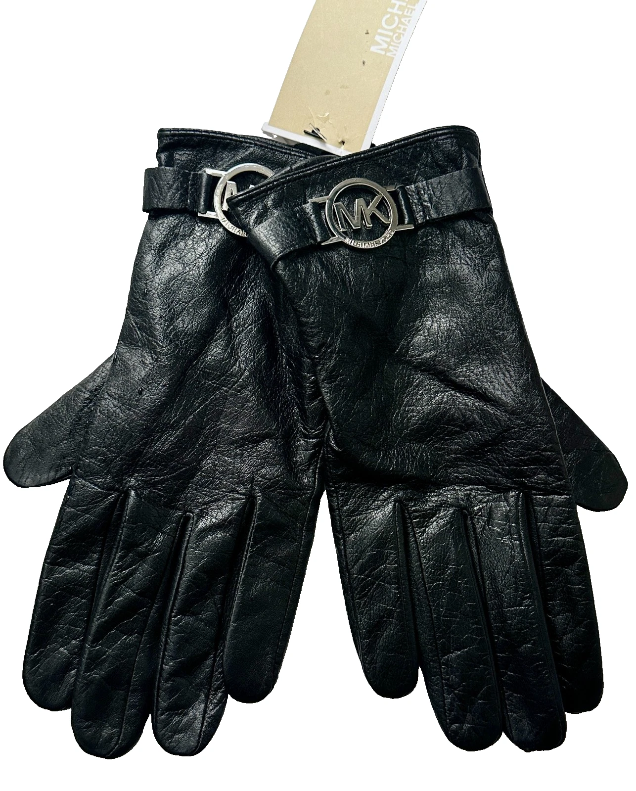 NWT Michael Kors Silver MK Circle Logo Black Leather Gloves Touch Tips Lined M