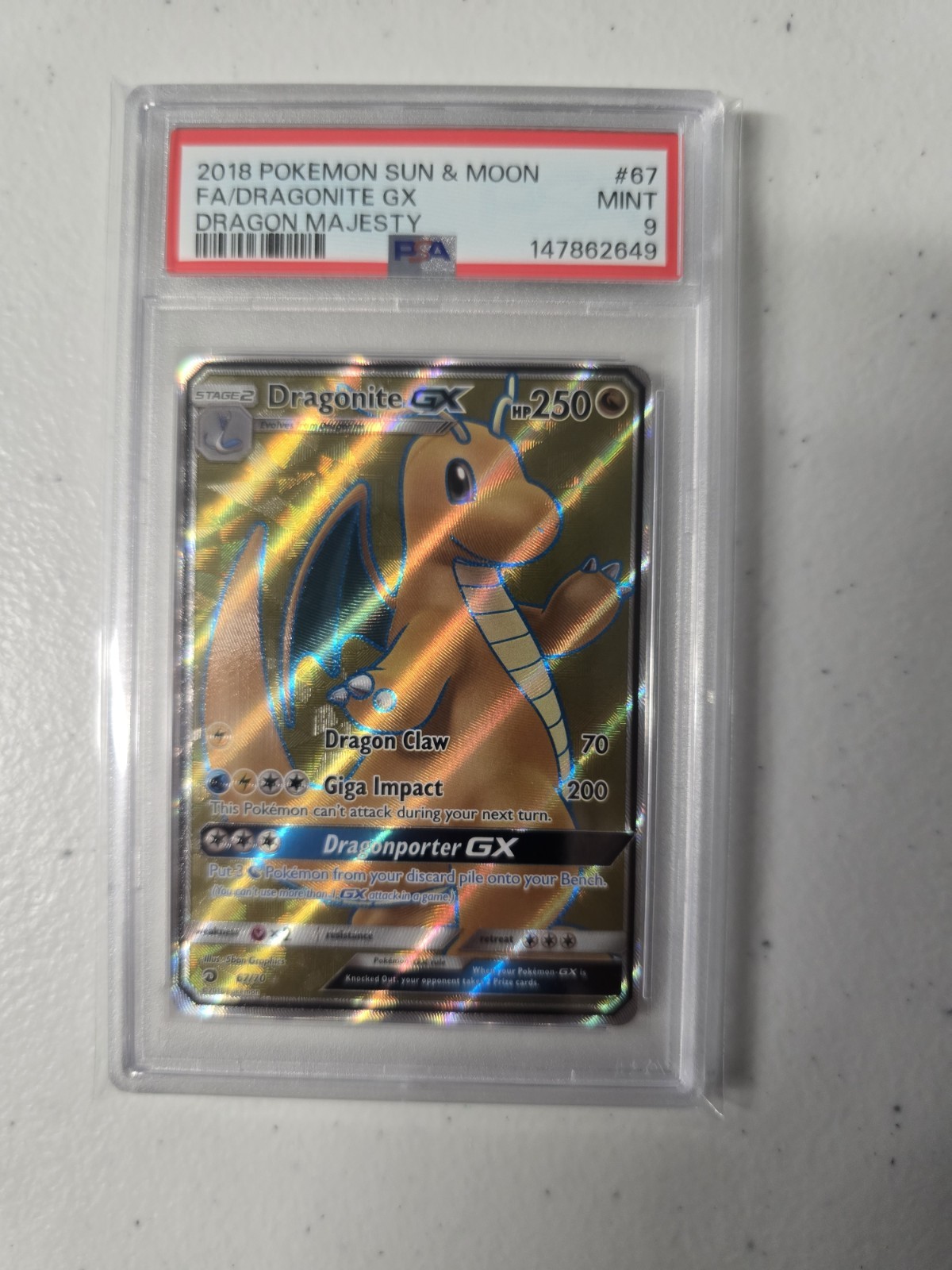 2018 Pokemon Dragon Majesty Dragonite GX Full Art #67 PSA 9 Graded Pokemon Card