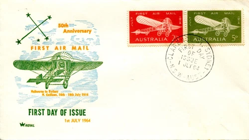 1964 50th Anniversary of the First Airmail in Australia - Royal FDC Green/Yellow