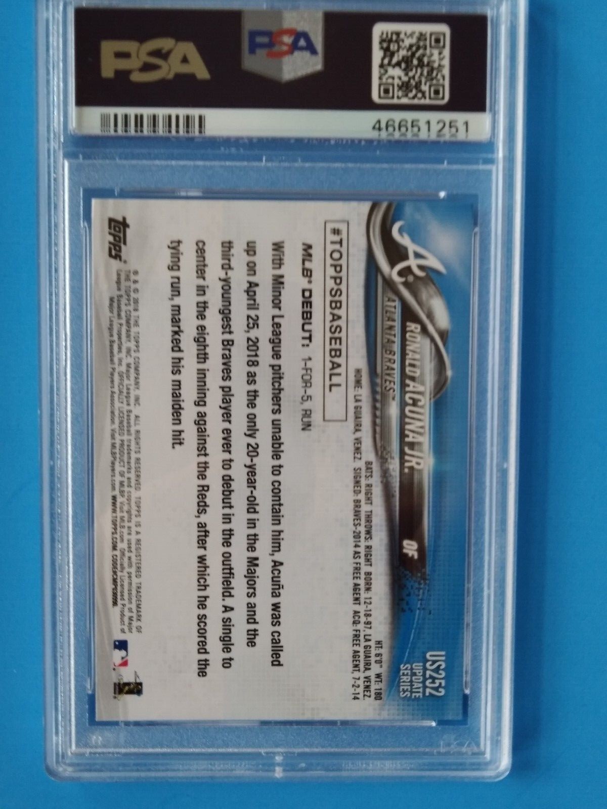 2018 Topps Update #US252 Ronald Acuna Jr. PSA 10 Gem Mint Rookie Debut view 2