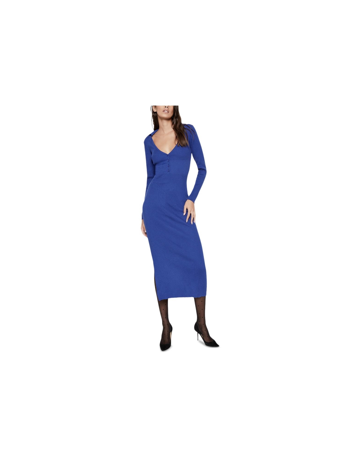 BARDOT Womens Blue Knit Button Front Long Sleeve Midi Body Con Dress XL