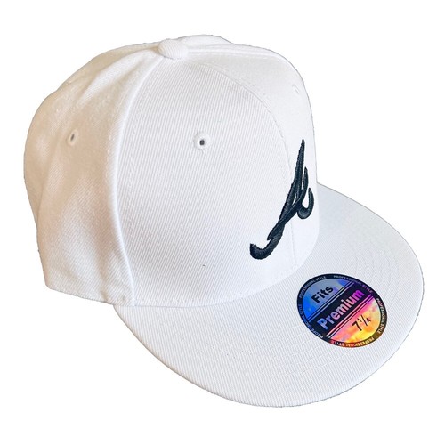 Atlanta Braves Baseball Cap Fitted Hat Flat Brim Multi Size White w/ Black logo - Picture 3 of 7