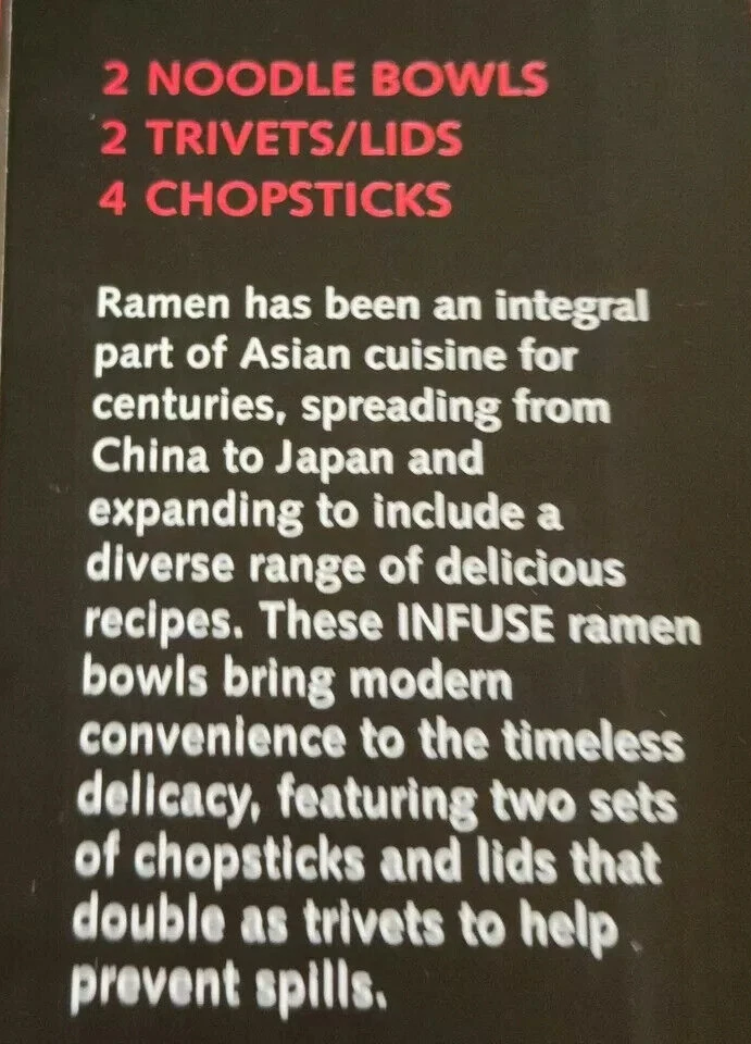 Juego de 2 cuencos de ramen asiático de cerámica INFUSE con tapas y 4 palillos de bambú negro y rojo Foto 4 de 4