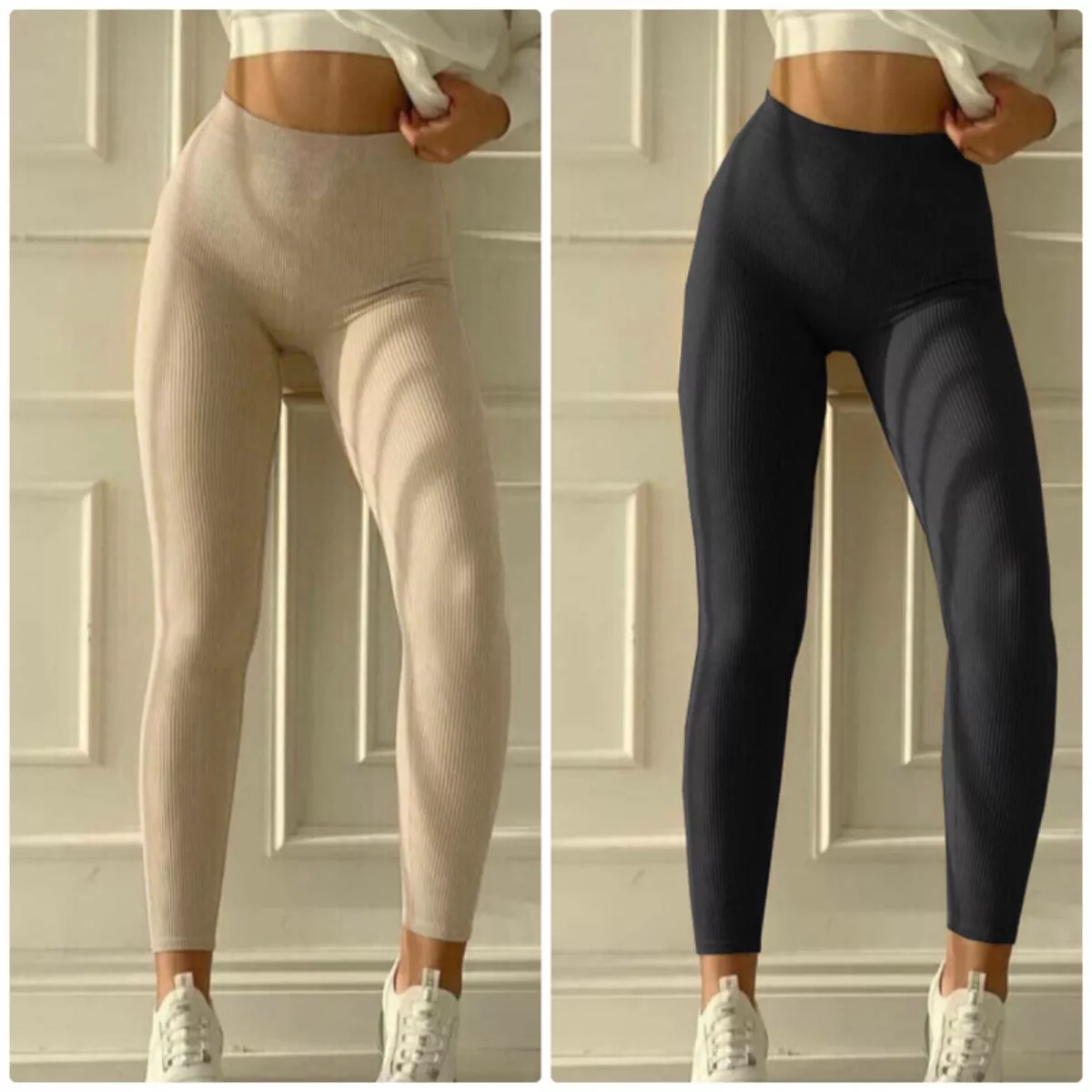 Womens Thick Seamless Ribbed Stretchy Sports Gym Leggings Ladies Jogging  Bottom