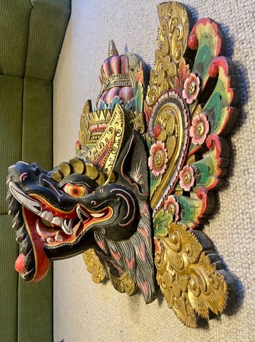 Vintage X- large Bali Elephant Barong Mask 65cm – Hand-Carved Gilt Wall Tribal - Picture 2 of 10