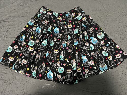 Dia De Los Muertos Day Of The Dead Skeleton Cat Pleated Hand Made Skirt Size Y14