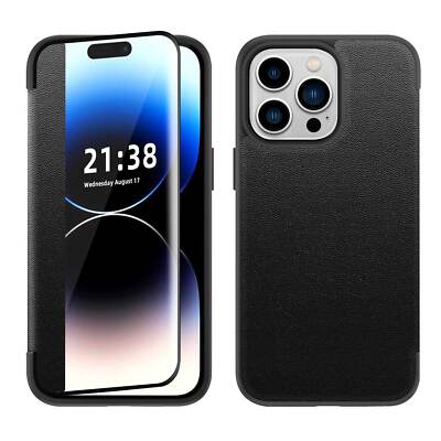 For Apple iPhone 15 (6.1'') PU Leather Clear View Window Flap Folio Case Cover