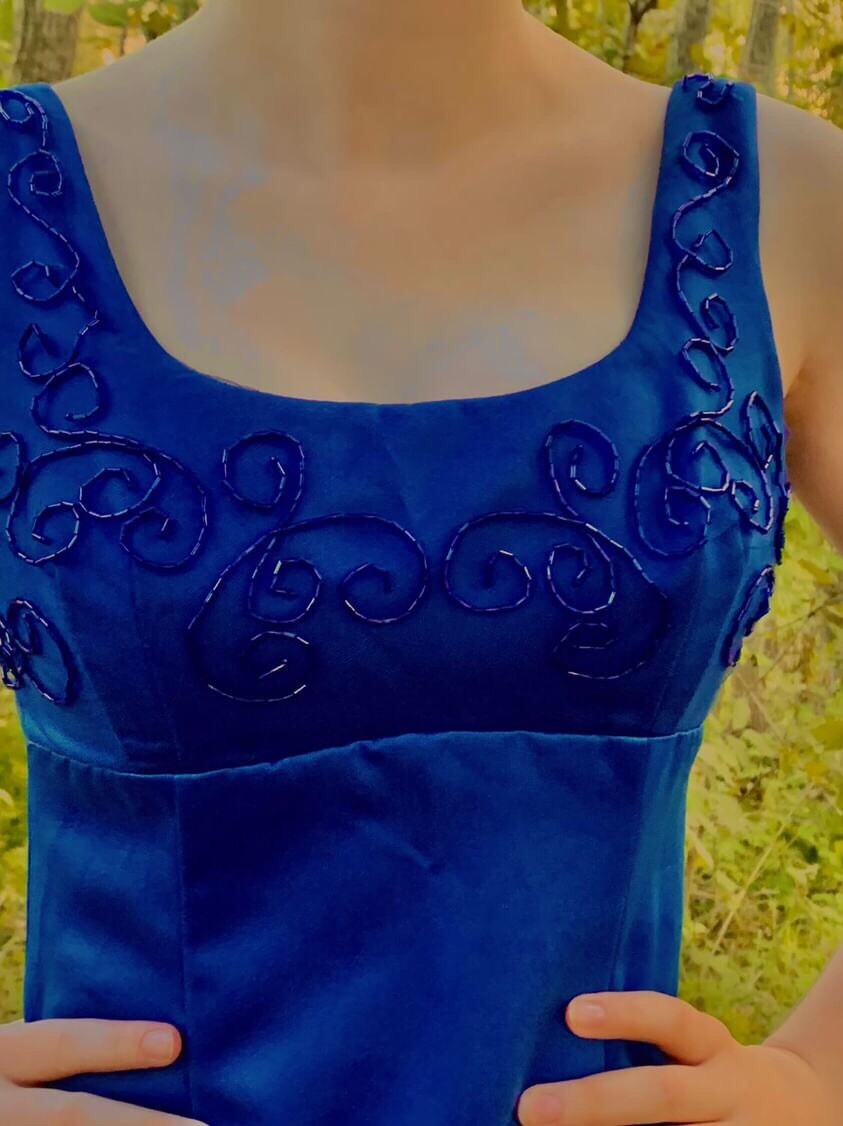 Vintage Zum Zum Dress 90s Regency Bridgerton Royal Blue Beaded Bow vintage-zum-zum-dress-90s-regency-bridgerton-royal-blue-beaded-bow