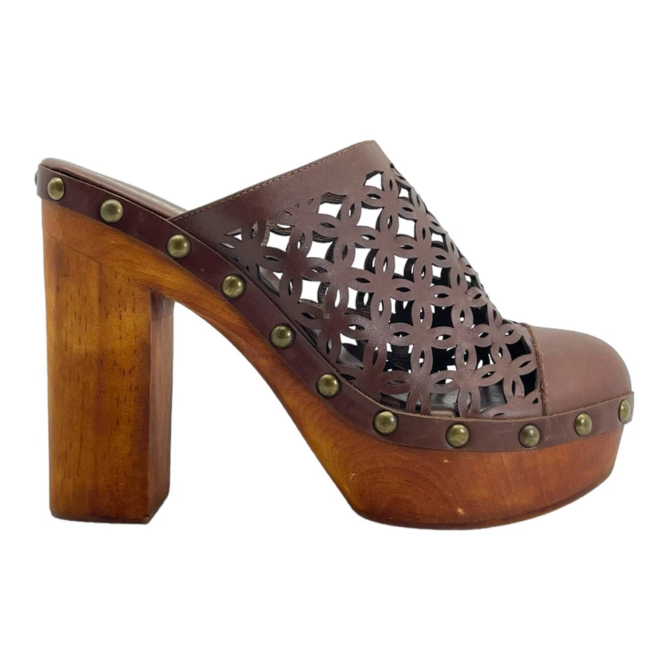 JEFFERY CAMPBELL Mujer 10 Mules Plataforma Cuero Tachonado Madera Tacón Perforado Foto 2 de 4