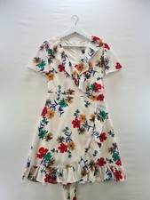 Joanie Dress Size 10 White Floral Tea Short Lined Summer Retro Frill Ruffle Wrap