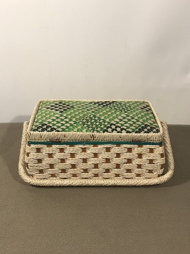 Vintage Wicker Straw Rattan Sewing Box Basket Storage Box - Foto 4 di 10